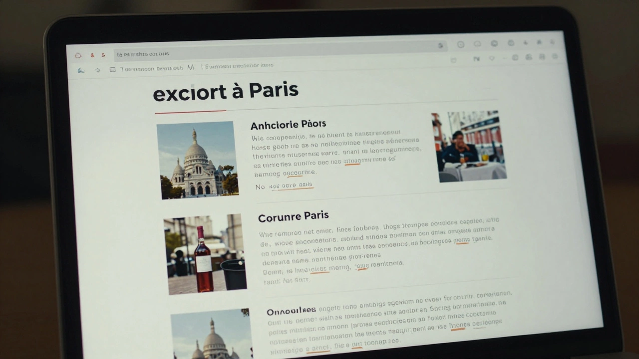 A laptop screen shows a detailed Paris escort profile with personal details highlighted.