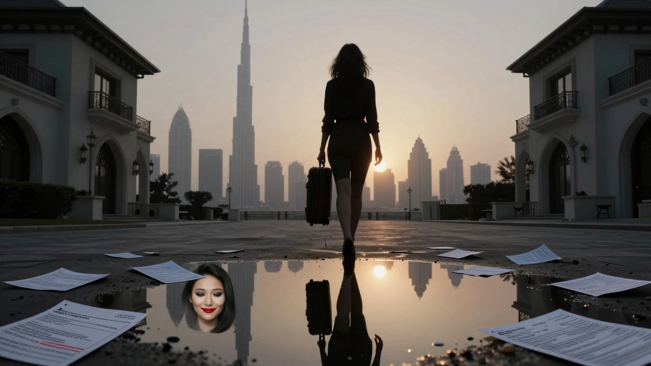 A woman walking away at dawn, her reflection showing a stereotyped mask, skyline behind her.