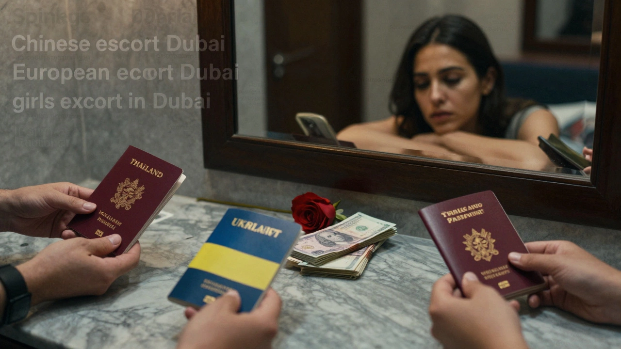 Passports and cash on marble floor with ghostly search terms, symbolizing the commodification of identity.
